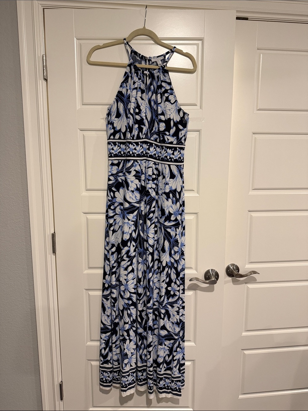 London Times Navy and White Floral Halter Maxi Dress